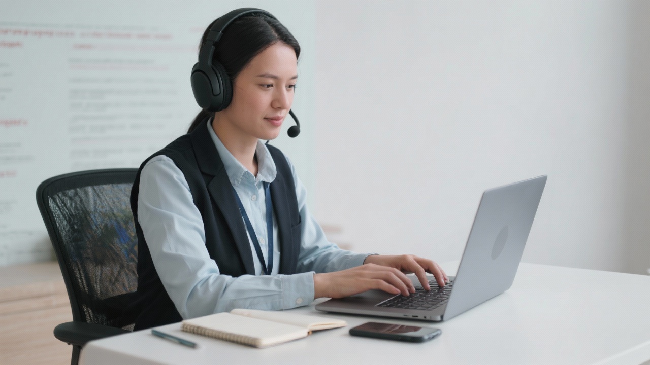 Support specialist wearing headset typing on laptop beside notebook and smartphone, ready to assist prospective Adobe XD trainees with scheduling and curriculum questions.
