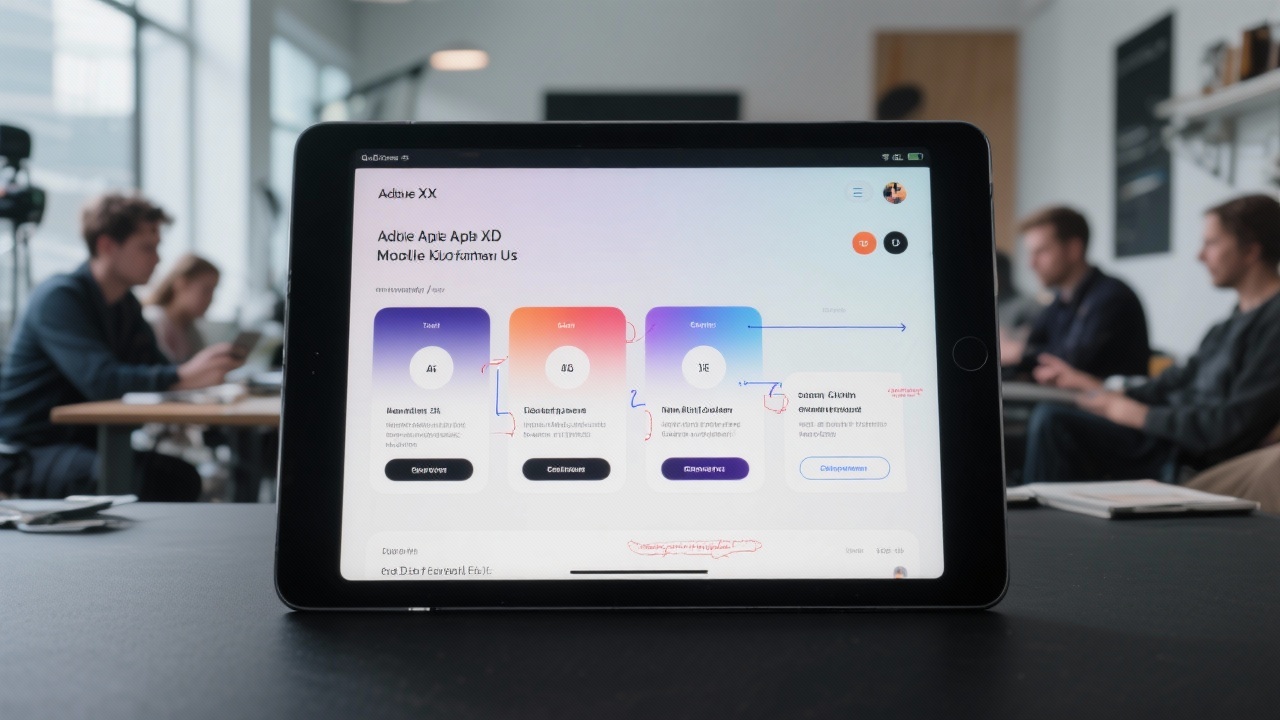 High fidelity Adobe XD mobile app flow displayed on dark tablet screen showing onboarding screens, gradients, annotations, created during Dutch UX course session inside modern studio environment.