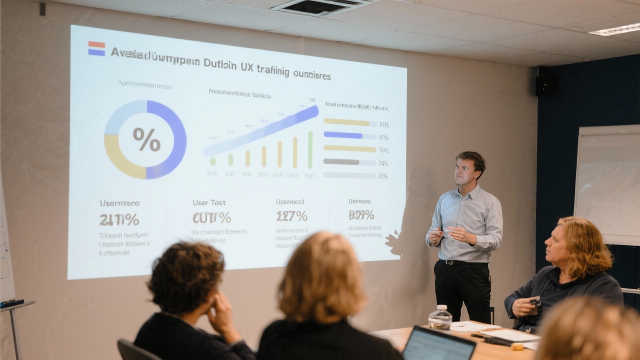Infographic with percentages, completion metrics, and user testing scores projected on wall during evaluation meeting highlighting measurable impact of Dutch UX training outcomes.