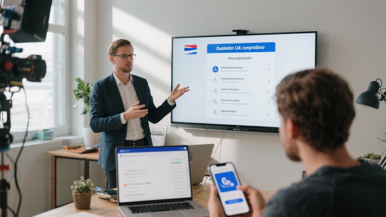 Instructor explains Dutch UX compliance checklist on digital whiteboard while participant reviews accessibility guidelines for mobile banking app inside daylight studio using Adobe XD.
